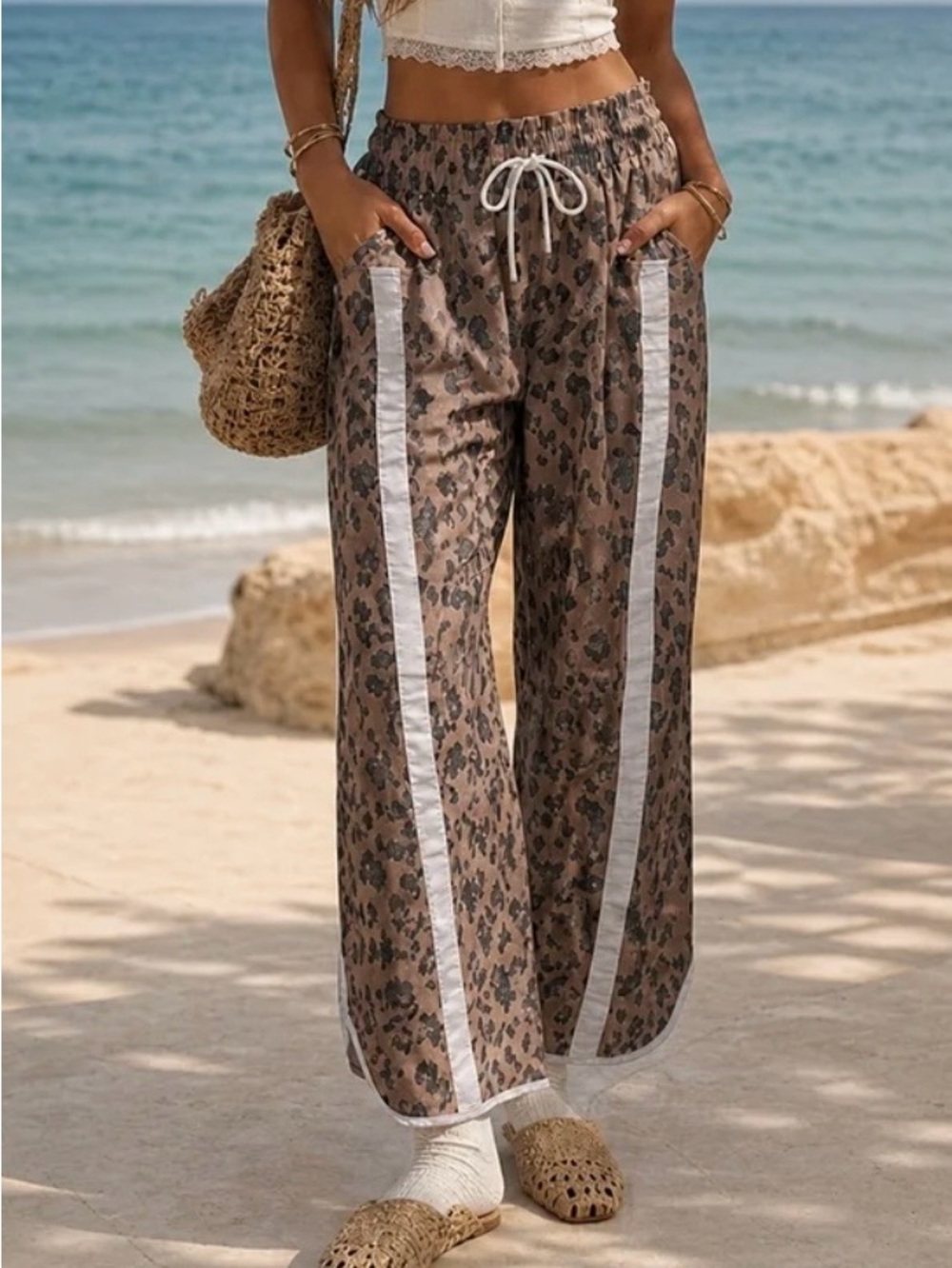 Amazon Leopard-Print Wide-Leg Lounge Pants with White Side Stripe